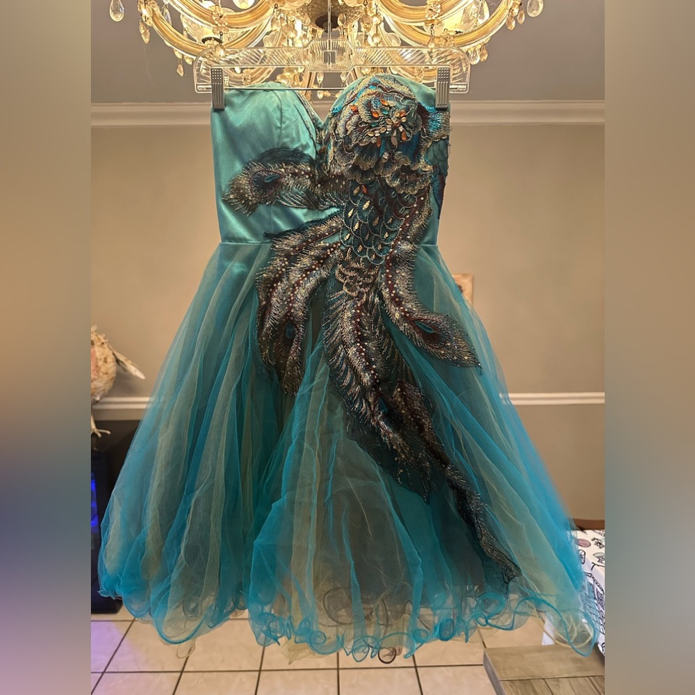 Nina Canacci Turquoise and Silver Embellished Prom Dress